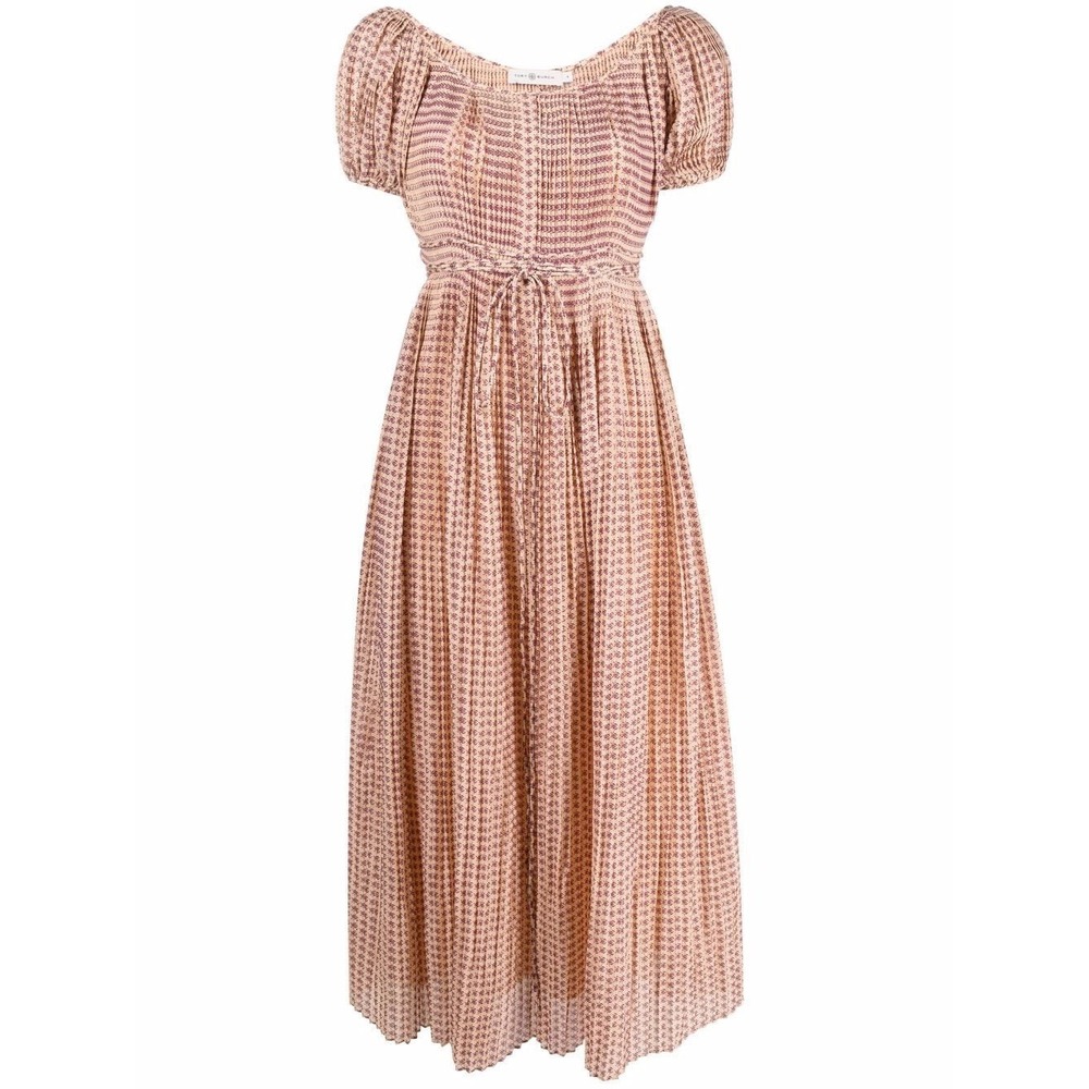 Tory Burch Floral Pleated Puff Sleeve Maxi Dress With Slip Peach‎ Purple Size 6